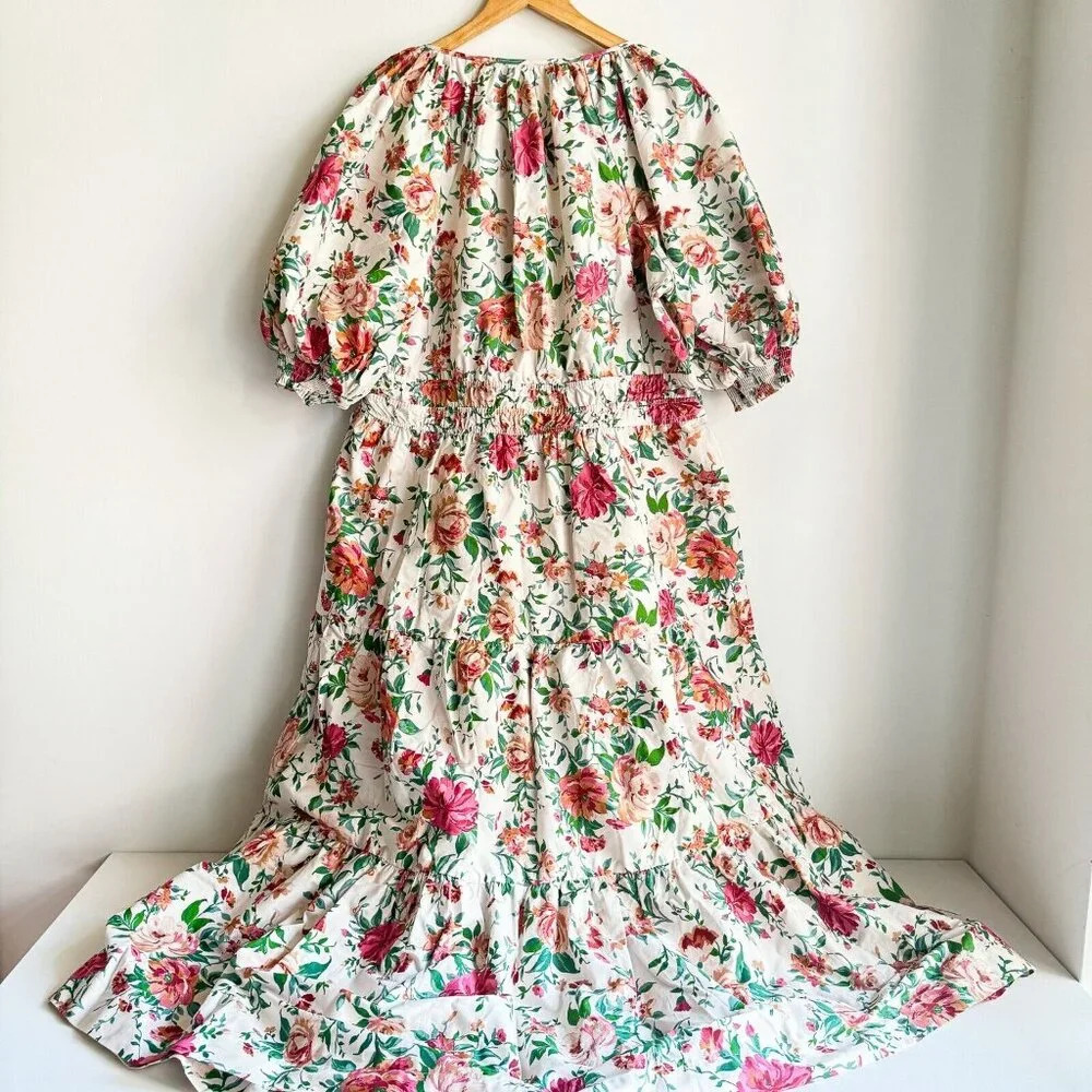 Anthropologie White Floral Puff-Sleeve Maxi Dress with Pink & Green Print - Picture 8 of 8